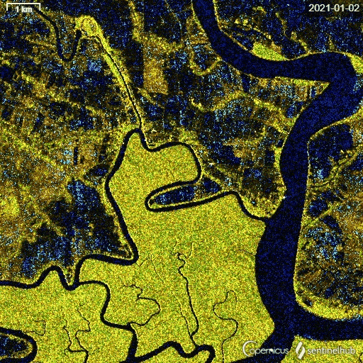 Radar images taken by the sentinel-1 satellite between January and November 2021 showing the almost constant flooding of Datinakhali village.