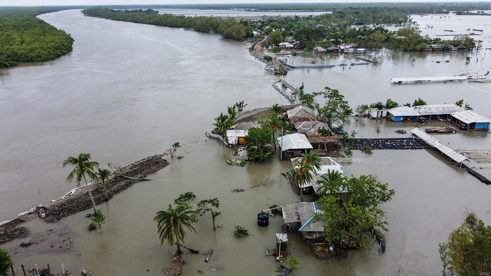 Flooded houses and buildings after Cyclone Amphan in Shyamnagar, Bangladesh.